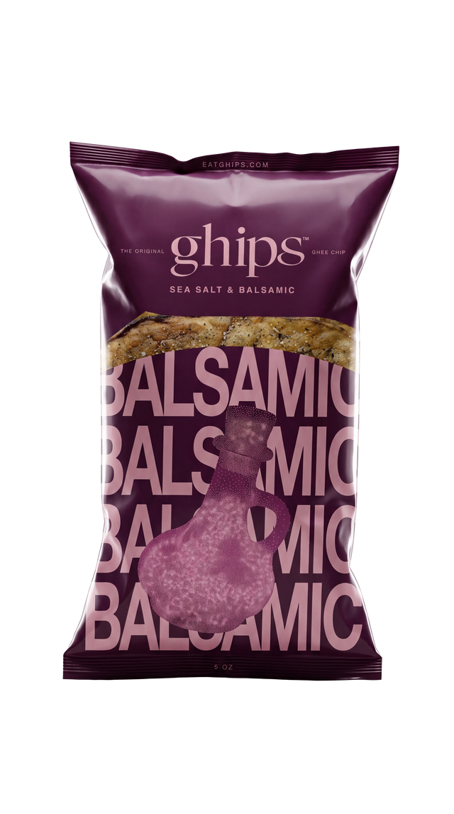 Ghips Sea Salt & Balsamic ghee potato chips in a plum stand-up bag, with a band of golden chips across the front