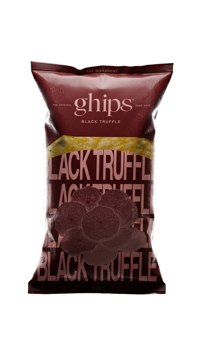 Ghips Black Truffle ghee potato chips in a deep burgundy stand-up bag, with sliced black truffles in front