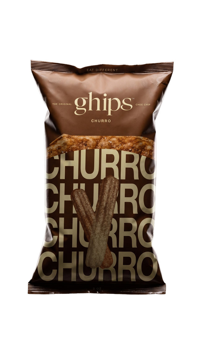 Ghips Churro ghee potato chips in a warm brown stand-up bag, with two cinnamon-sugar churros in front