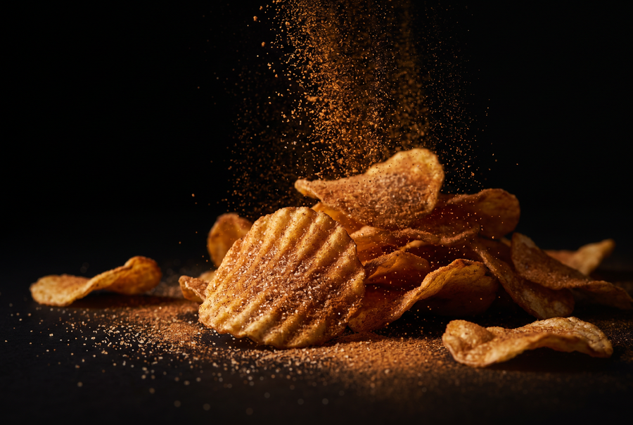 Cinnamon sugar dusting golden potato chips against a black background — the Ghips Churro chip