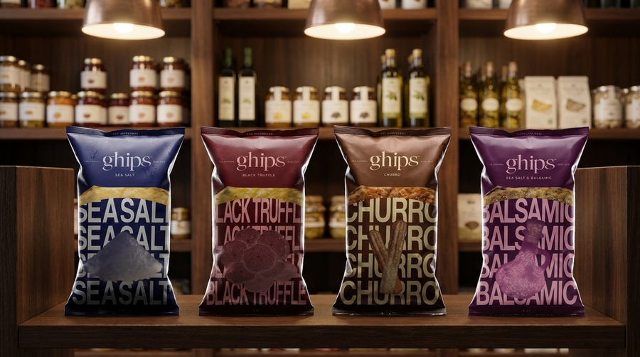 All four Ghips ghee potato chip flavors on a specialty grocery shelf