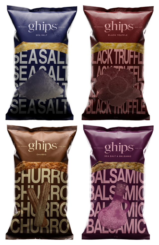 Ghips Variety Bundle: all four flavors in a 2x2 grid on a transparent background — Sea Salt and Black Truffle on top, Churro and Sea Salt & Balsamic below