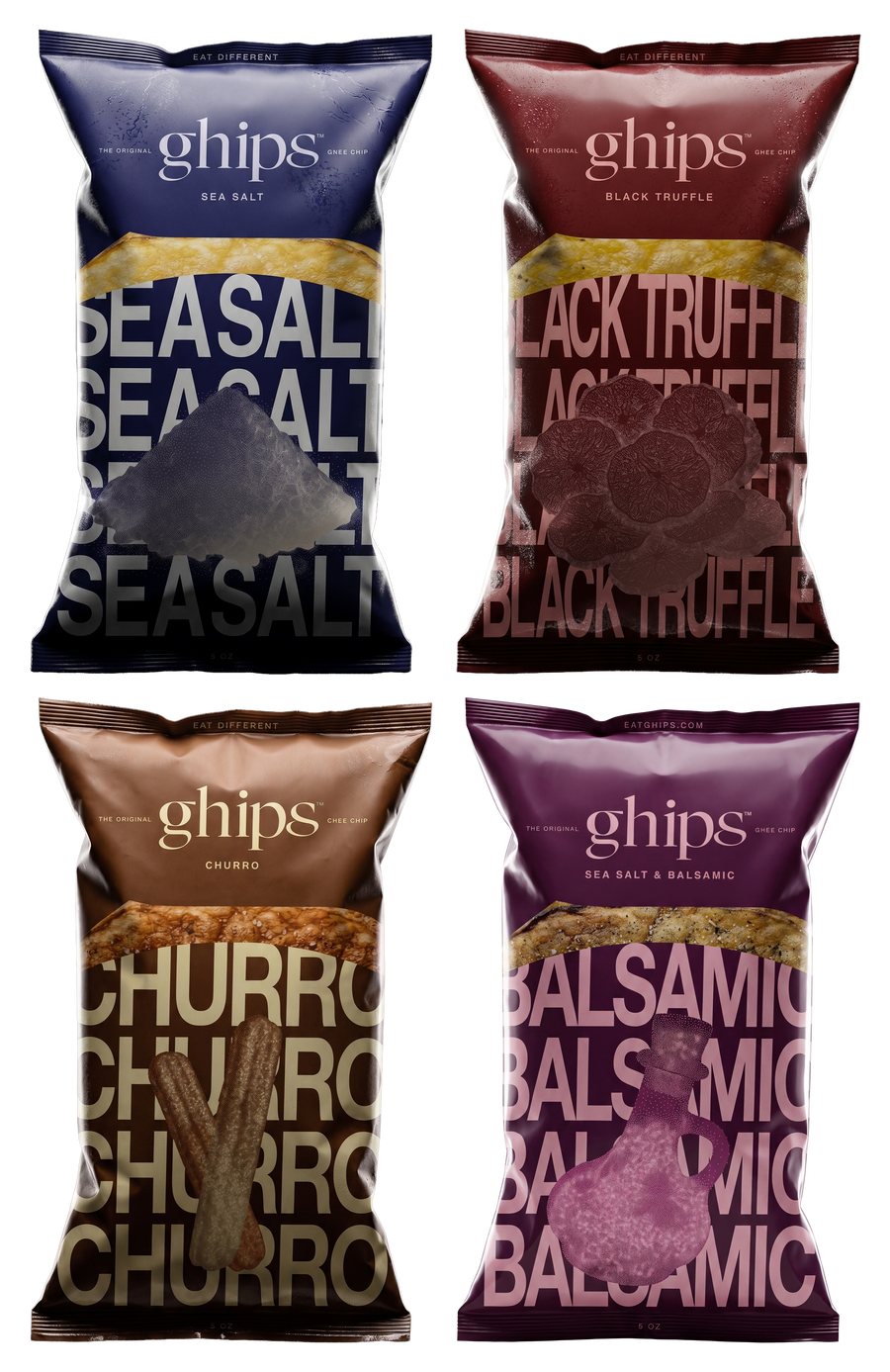Ghips Variety Bundle: all four flavors in a 2x2 grid on a transparent background — Sea Salt and Black Truffle on top, Churro and Sea Salt & Balsamic below