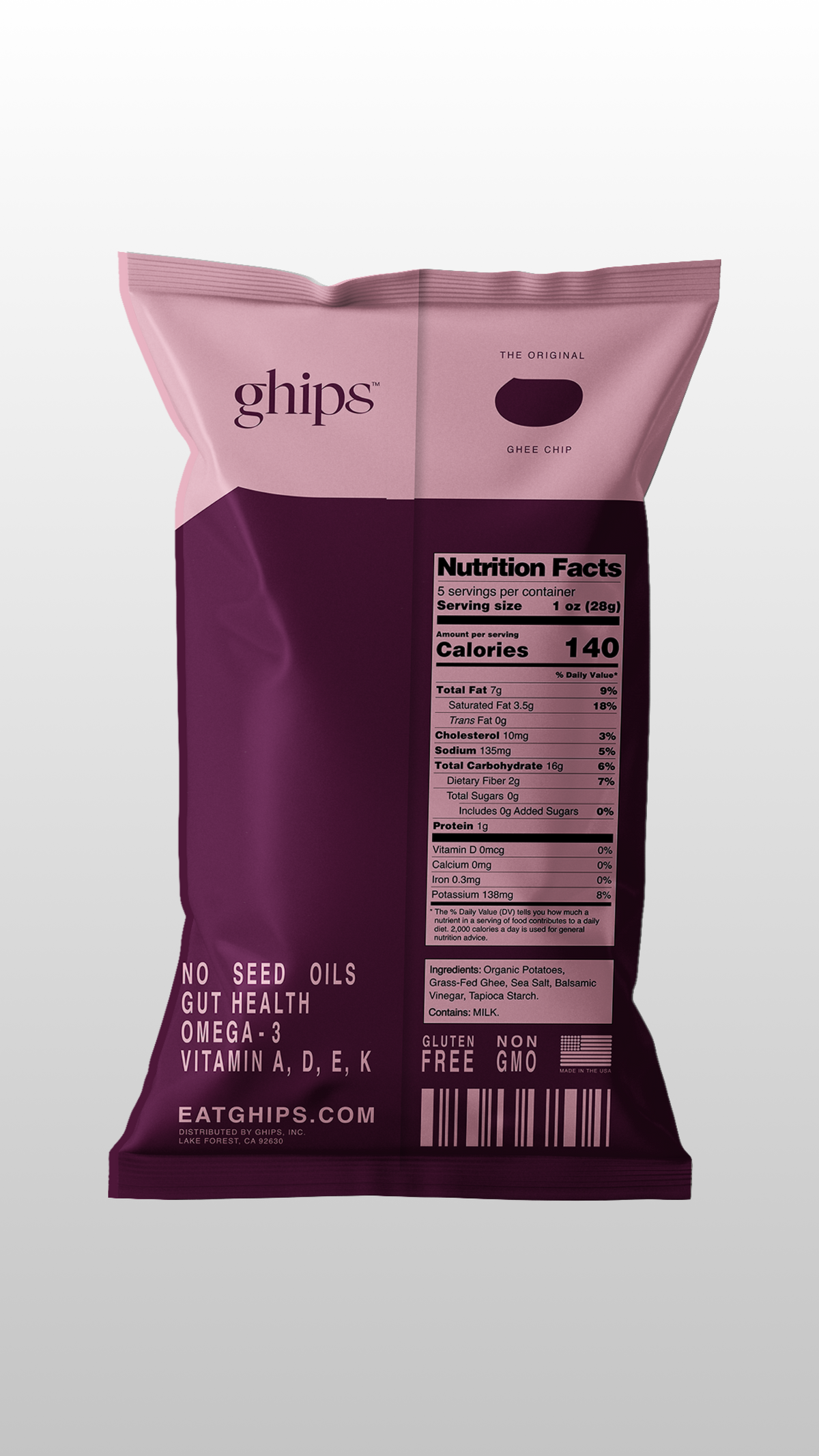 Ghips Sea Salt & Balsamic bag back with ingredients and nutrition facts