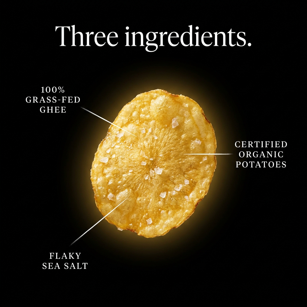Three ingredients — golden Ghips chip with 100% grass-fed ghee, certified organic potatoes and flaky sea salt callouts