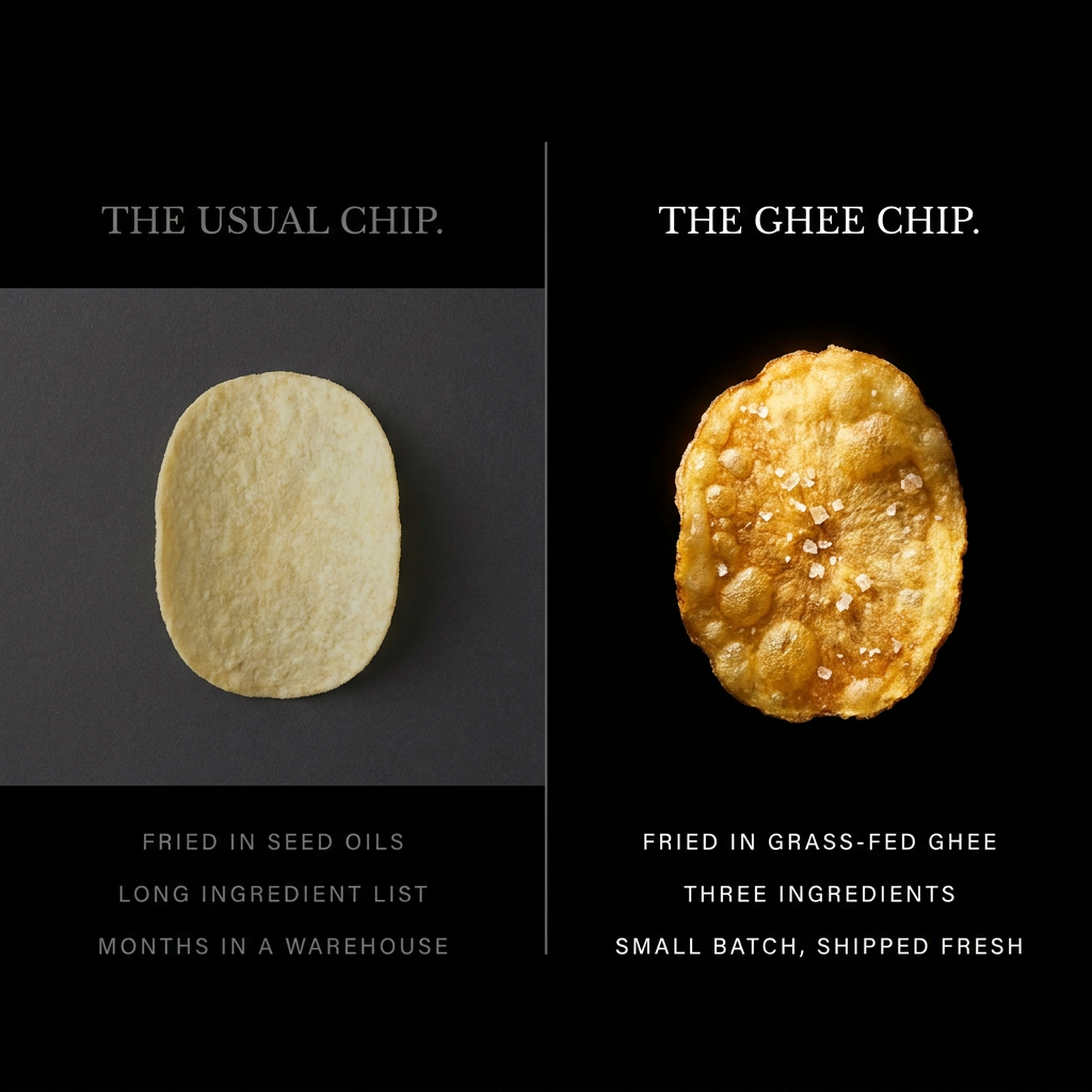 The usual chip vs the ghee chip — seed oils and warehouses vs three ingredients fried in grass-fed ghee