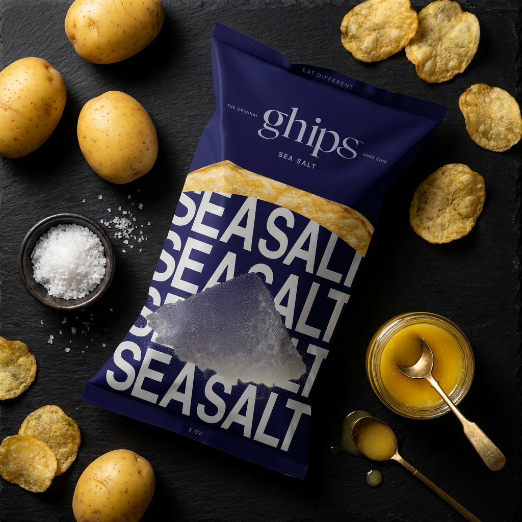 Ghips Sea Salt bag flat-lay with organic potatoes, sea salt and grass-fed ghee on black slate