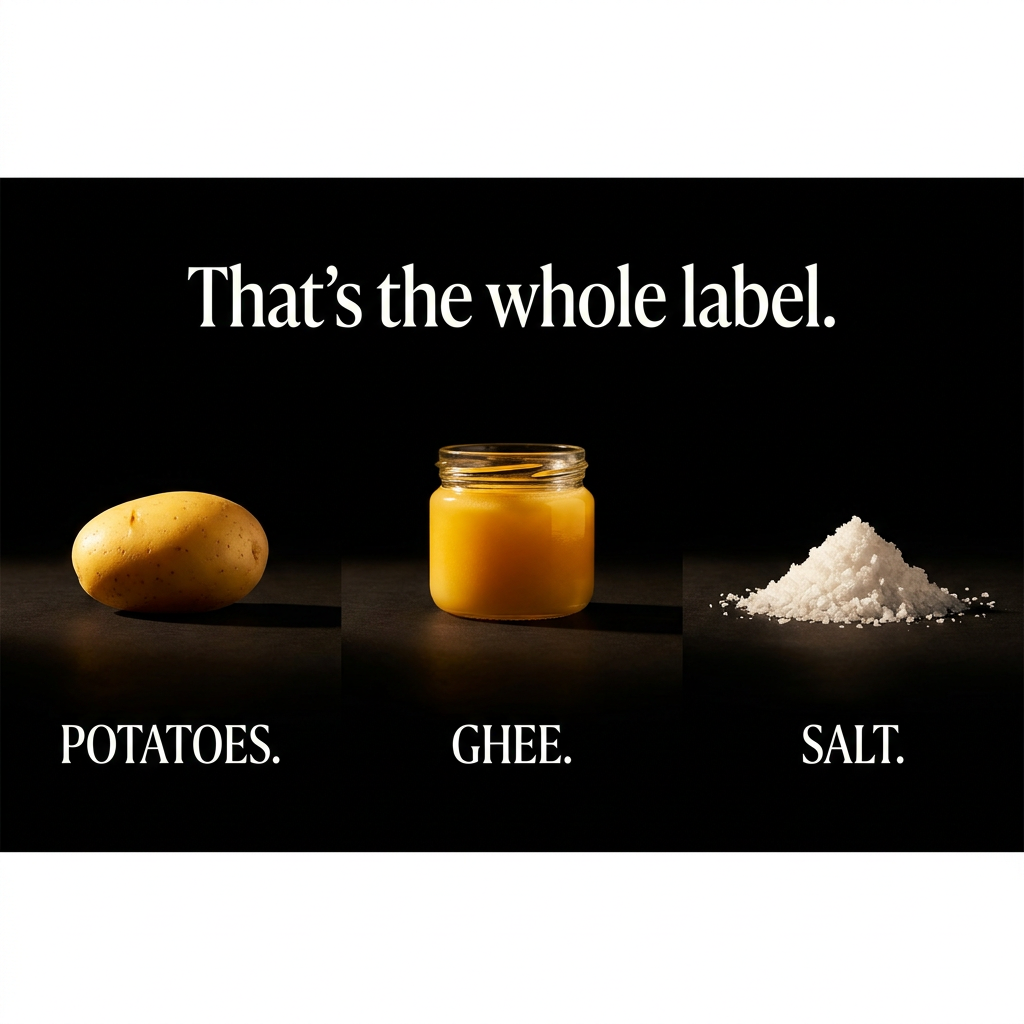 That's the whole label — potatoes, ghee, salt