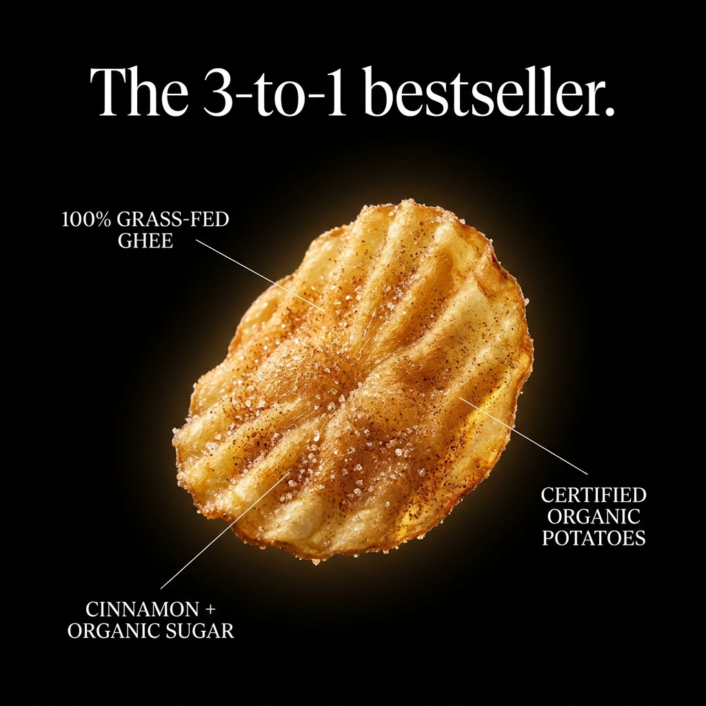 The 3-to-1 bestseller — Ghips Churro chip with grass-fed ghee, certified organic potatoes and cinnamon + organic sugar callouts