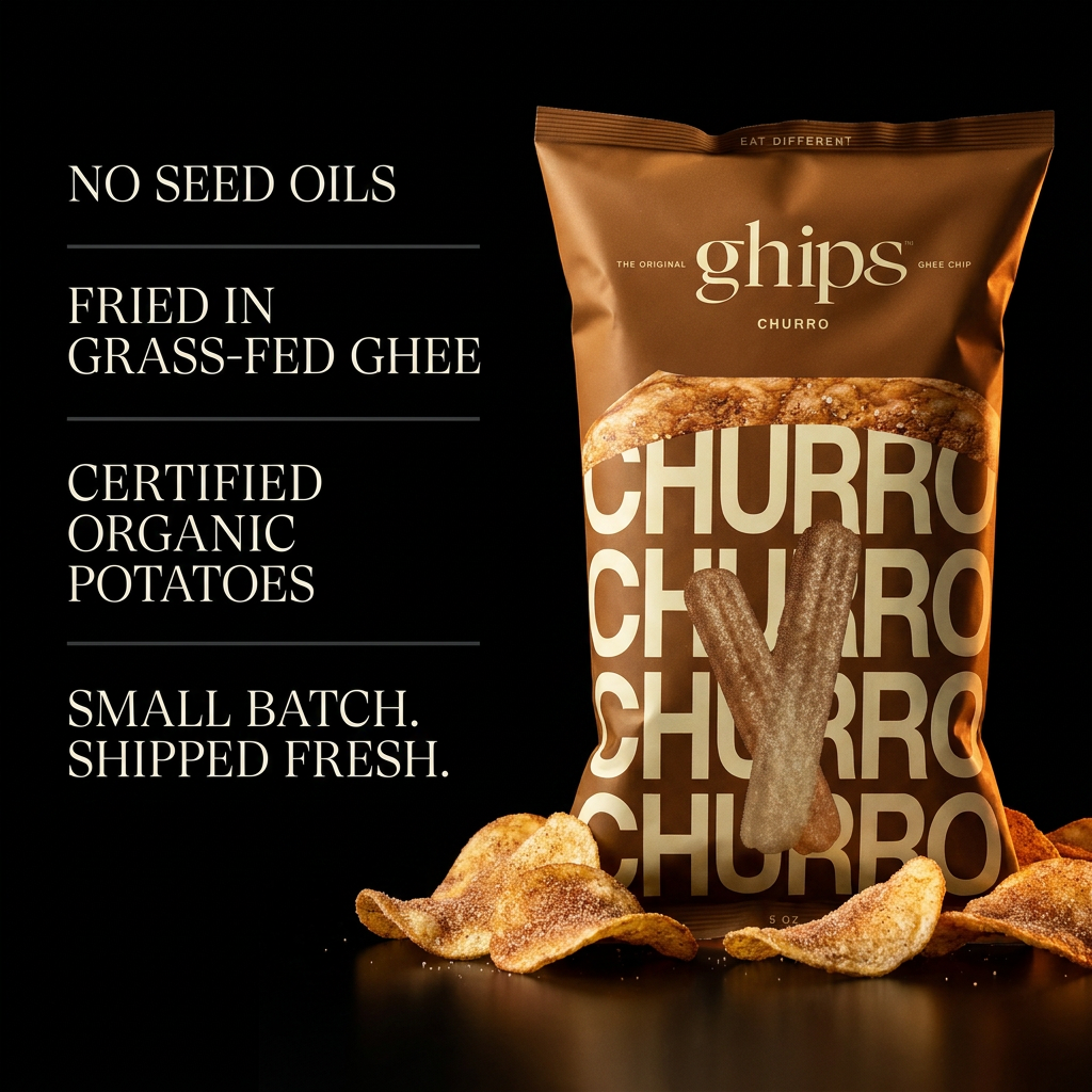 Ghips Churro bag — no seed oils, fried in grass-fed ghee, certified organic potatoes, small batch shipped fresh