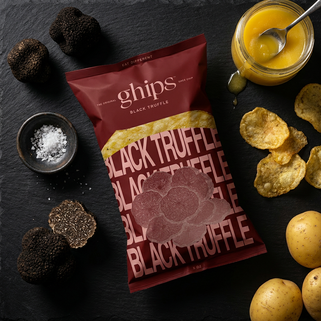 Ghips Black Truffle bag flat-lay with whole black truffles, sea salt, grass-fed ghee and organic potatoes on black slate
