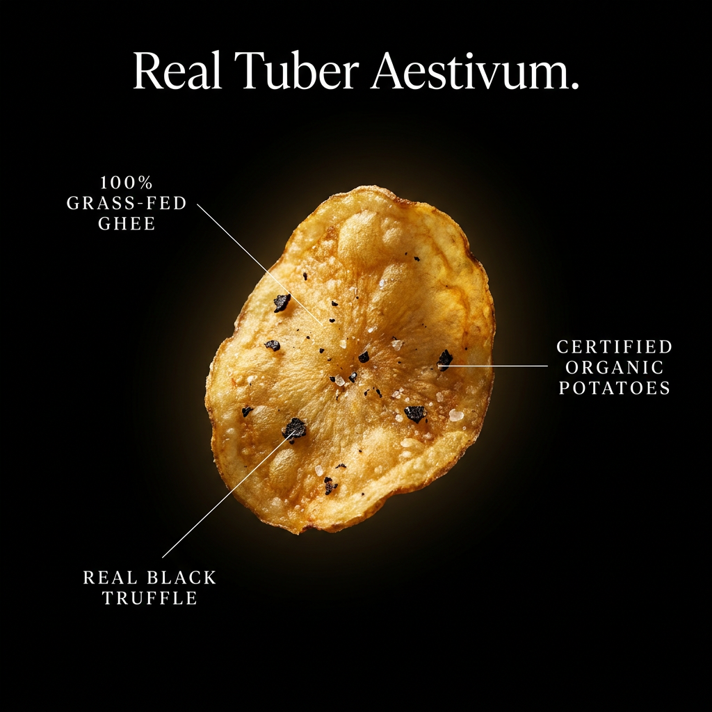 Real Tuber Aestivum — Ghips Black Truffle chip with grass-fed ghee, certified organic potatoes and real black truffle callouts