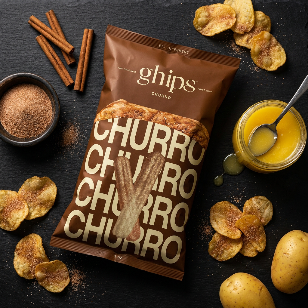 Ghips Churro bag flat-lay with cinnamon sticks, cinnamon sugar, grass-fed ghee and organic potatoes on black slate