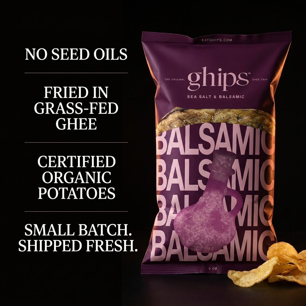 Ghips Sea Salt & Balsamic bag — no seed oils, fried in grass-fed ghee, certified organic potatoes, small batch shipped fresh