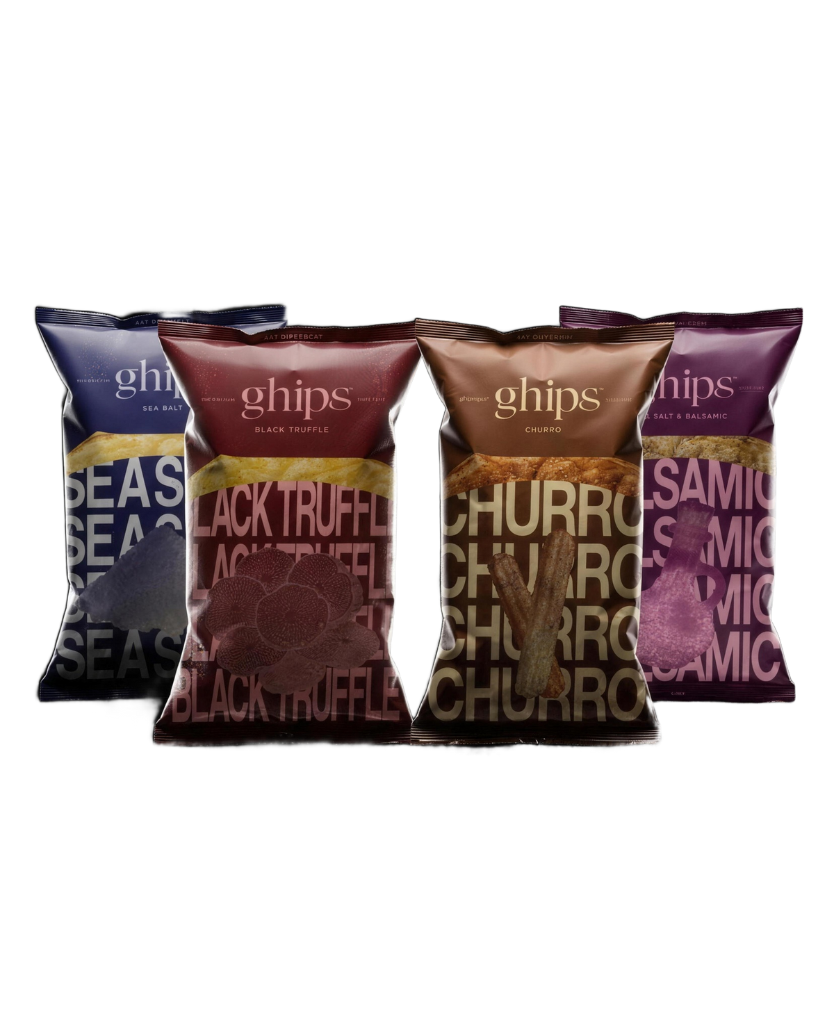 Ghips Variety Bundle: all four flavors in a symmetrical fan on a transparent background — Black Truffle and Churro front center, Sea Salt and Sea Salt & Balsamic flanking