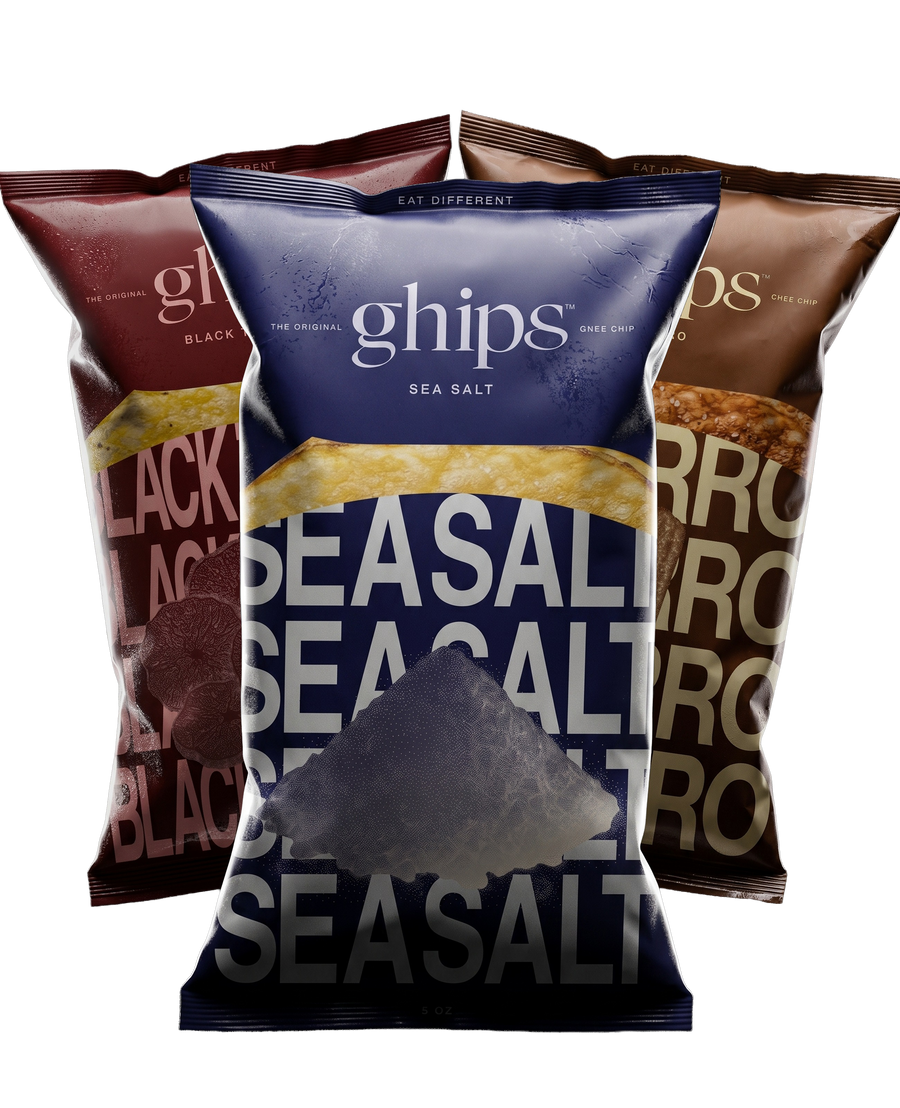 Ghips Variety Bundle: Black Truffle, Sea Salt and Churro ghee potato chip bags standing side by side